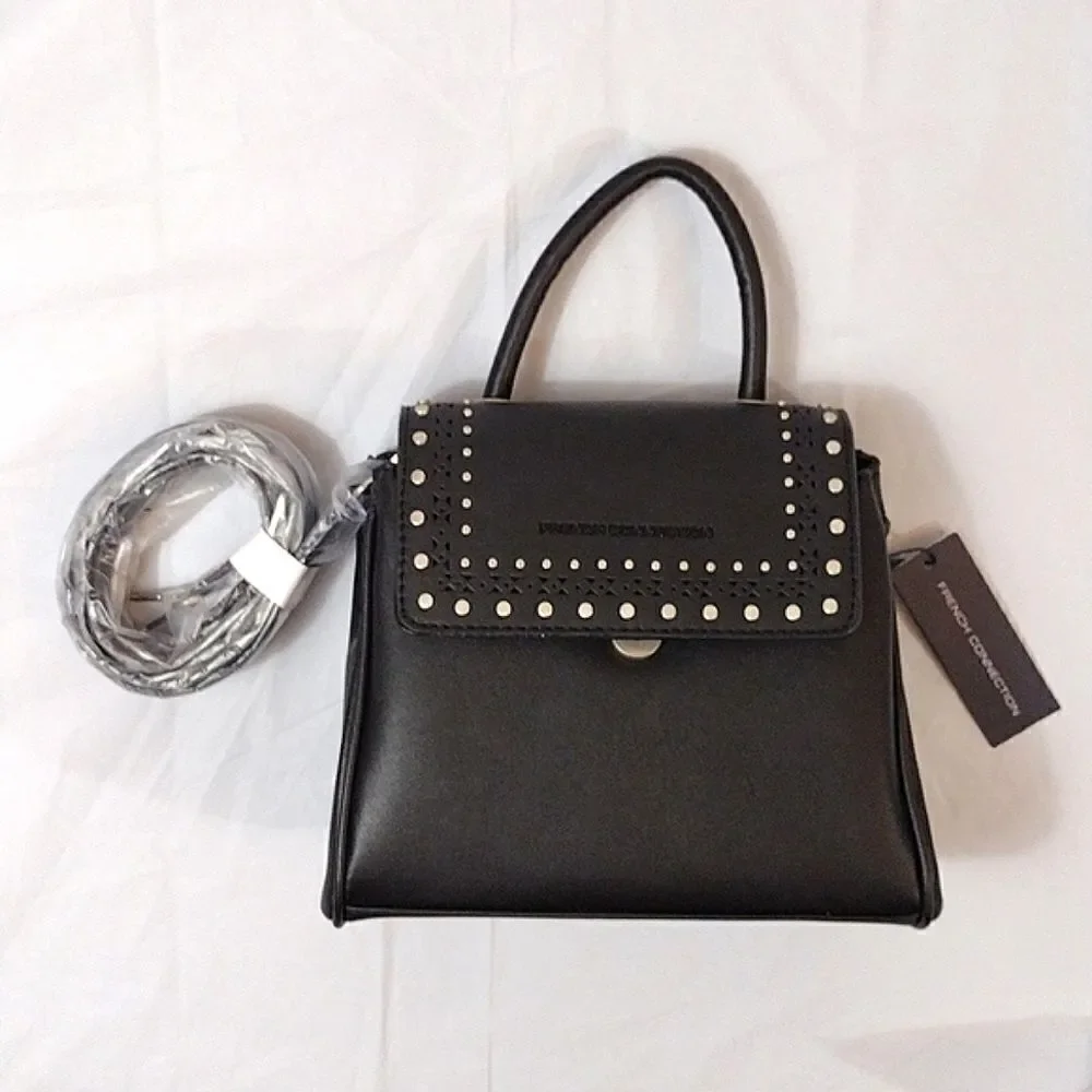 French Connection Bellita‎ Black Stud Mini Crossbody with Top Handle NWT